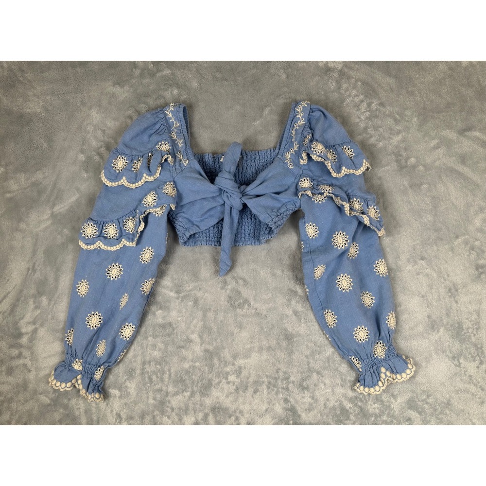LoveShackFancy Blue Eyelet Ruffle Sleeve Tie Front Crop Top Blouse Large - Picture 8 of 9
